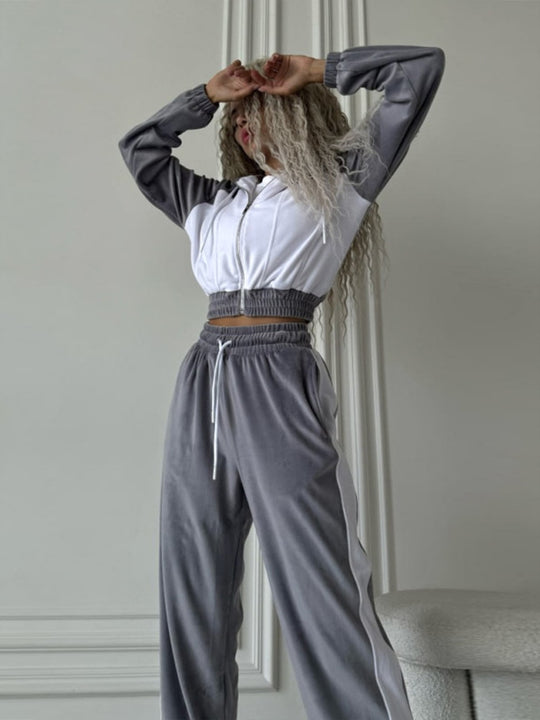 Damen kurz geschnittenes Samt-Trainingsset mit tailliertem Reißverschluss-Hoodie und weit geschnittener hochtaillierter Loungehose Shop Nory