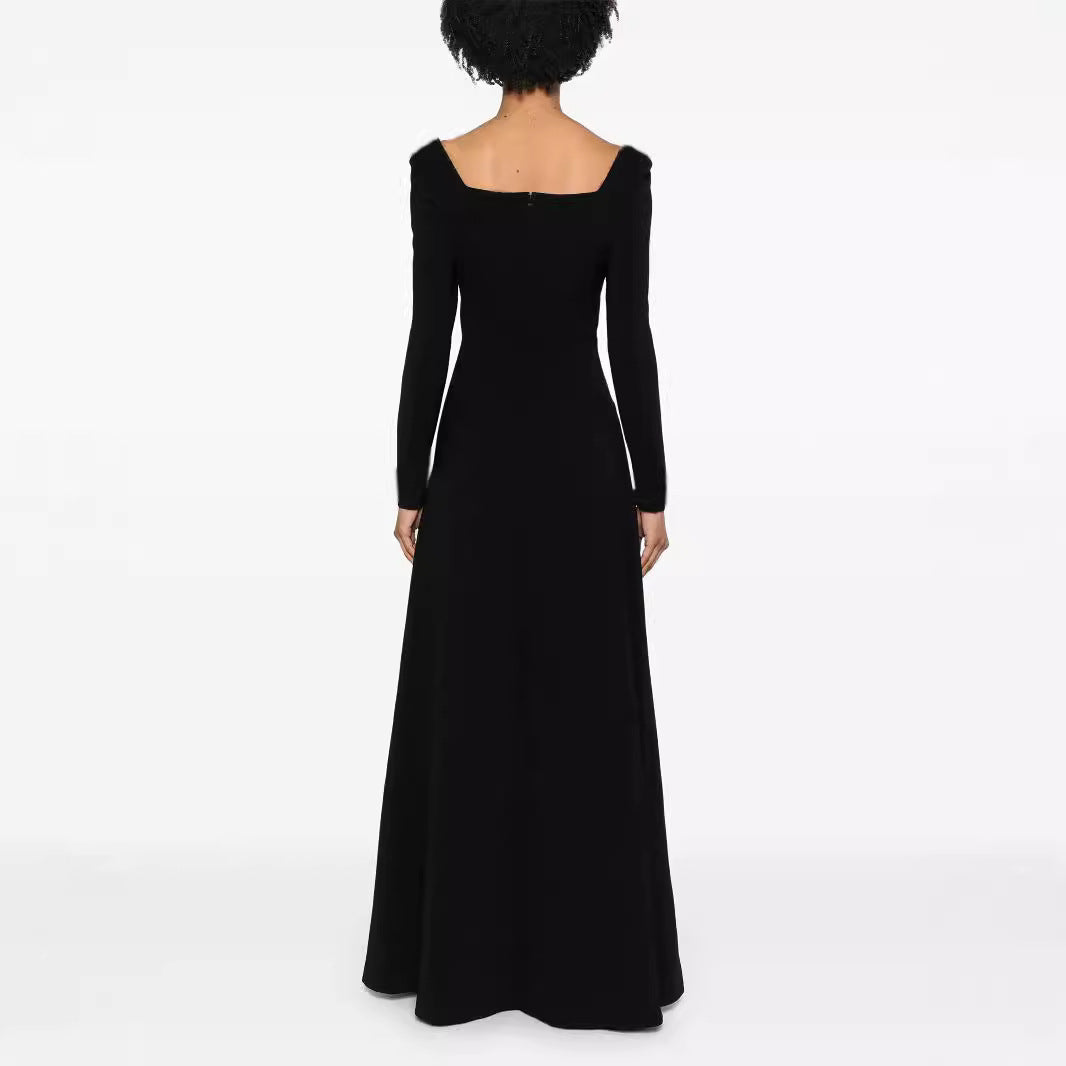 Damen Maxilanges Abendkleid im minimalistischen A-Linien-Schnitt mit quadratischem Ausschnitt und langen Ärmeln Shop Nory