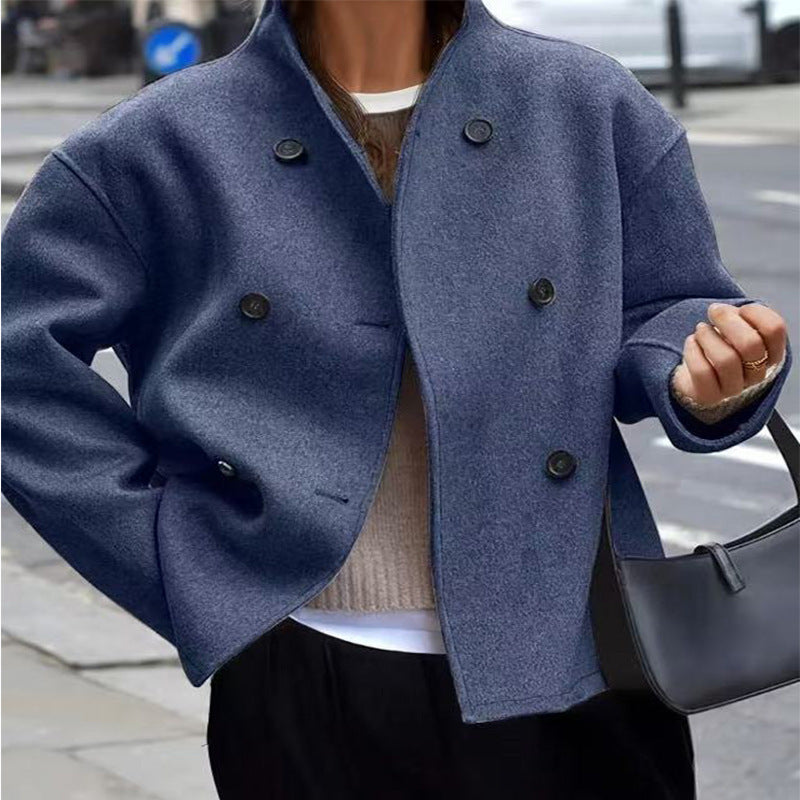 Damen Kurz geschnittener Oversize-Wollmantel mit doppelreihiger Knopfleiste und Stehkragen Shop Nory