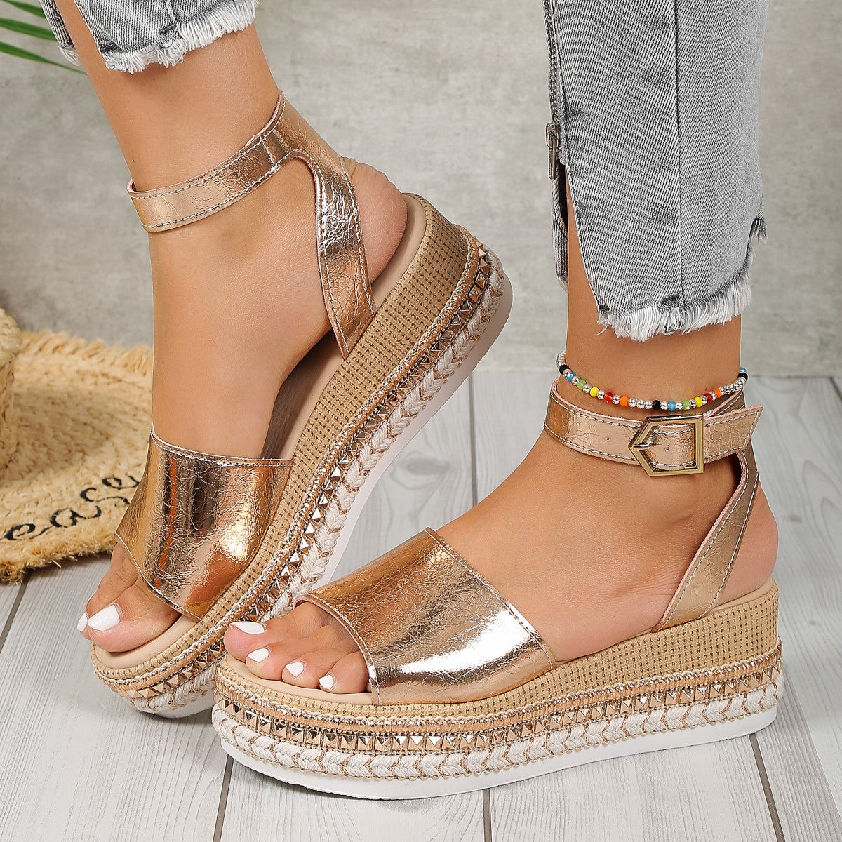 Damen Wedge-Sandaletten mit modischem Glitzer-Riemen und ergonomischem Fußbett Shopnory