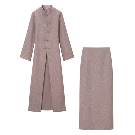 Damen Langärmliges Maxikleid mit Stehkragen Knebelknopfverschluss und vorderem Schlitz Shop Nory