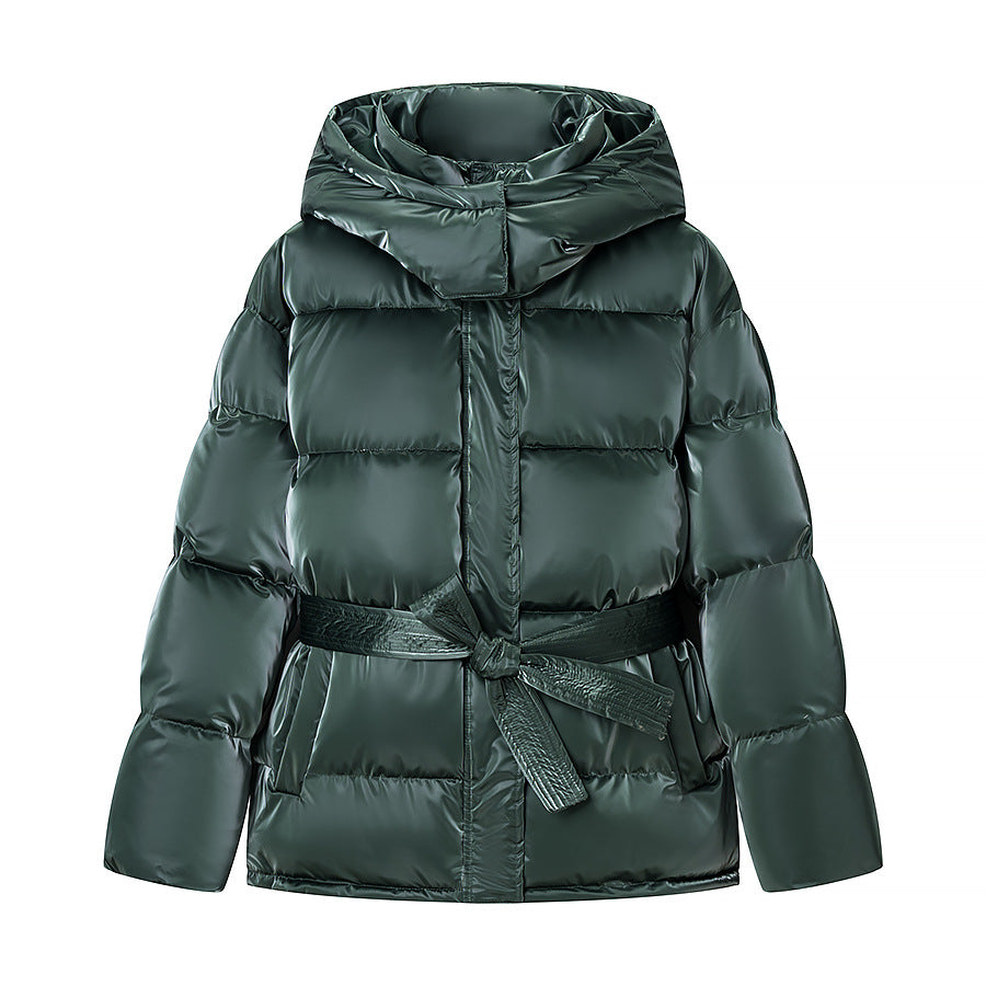 Damen wattierte Kapuzen-Steppjacke mit Taillengürtel Shop Nory