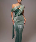 Damen Glamouröses Maxi-Abendkleid mit asymmetrischem Ausschnitt und schimmerndem Drapierungsdesign Shopnory