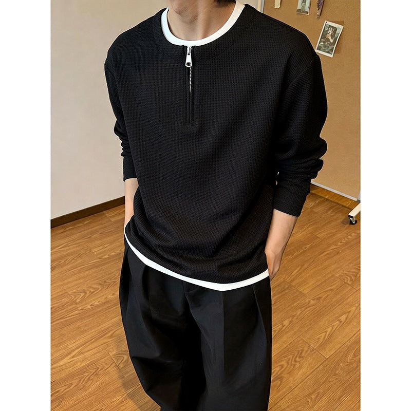 Herren Strukturiertes Langarm-Pullover mit halbem Reißverschluss und Kontrastbesatz Shop Nory
