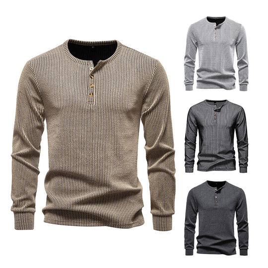 Herren Slim-Fit Gerippter Henley-Langarmpullover mit Rundhalsausschnitt und Knopfleiste Shop Nory