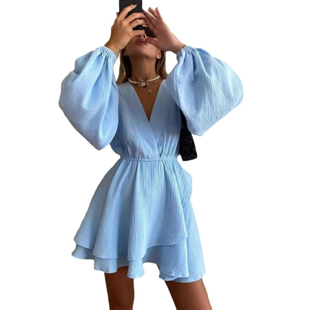 Damen Luftiges Wickelkleid mit Volantstufen und Ballonärmeln Shop Nory