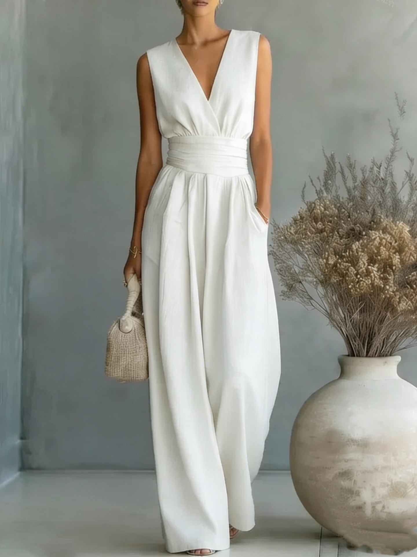 Damen Maxikleid mit V-Ausschnitt und Puffärmeln