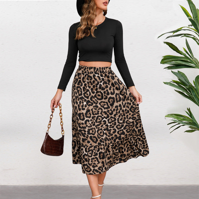 Damen Midirock mit elastischem Bund, Leopardenmuster und Volantbesatz Shop Nory