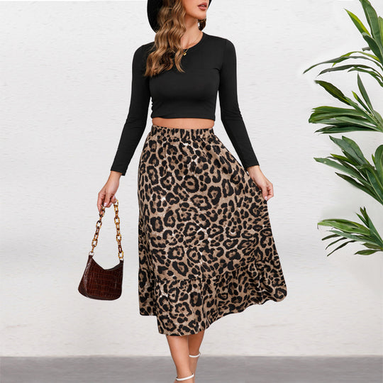 Damen Midirock mit elastischem Bund, Leopardenmuster und Volantbesatz Shop Nory