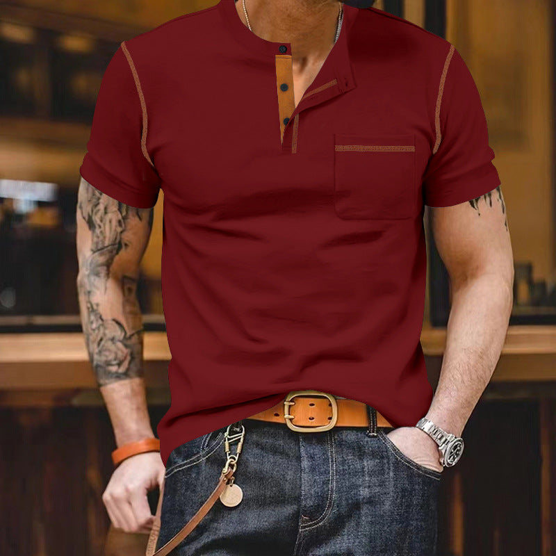 Herren nan urbanes Kurzarmshirt mit Stehkragen, halber Knopfleiste und Brusttasche