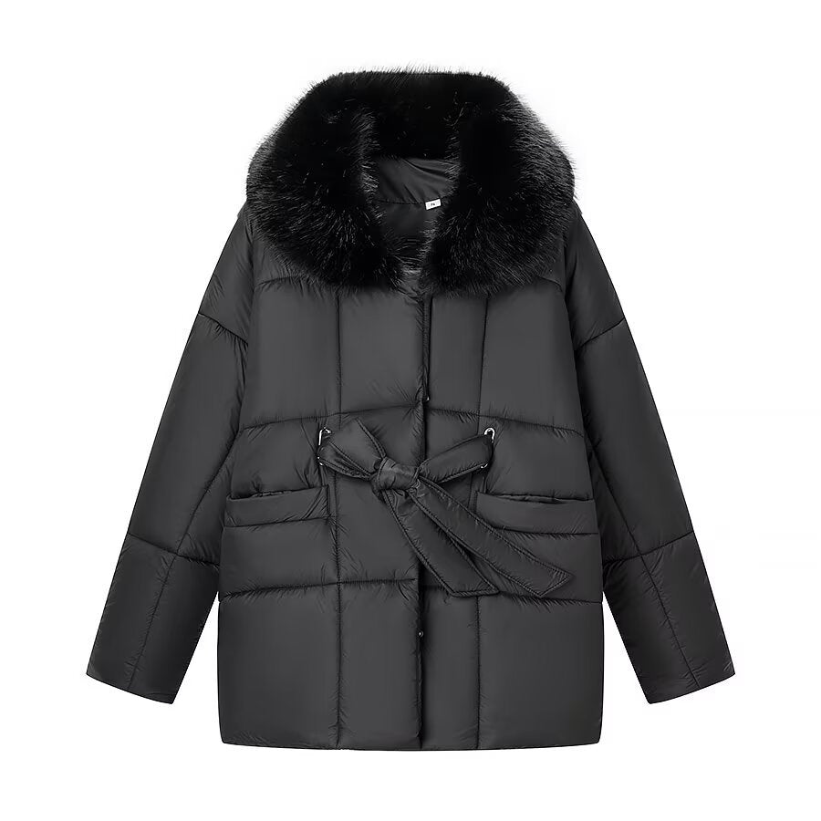 Damen Oversize Steppjacke mit Taillengürtel und Kunstfellkragen Shop Nory