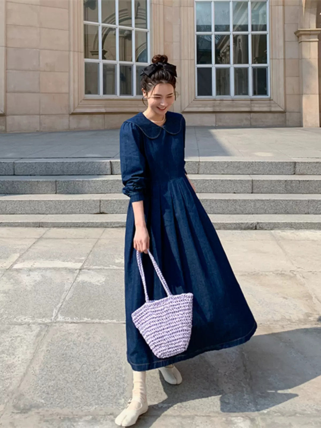 Damen Langes Chambray-Midaxi-Hemdkleid mit geraffter Taillenpasse und weitem Rockfalten Shop Nory