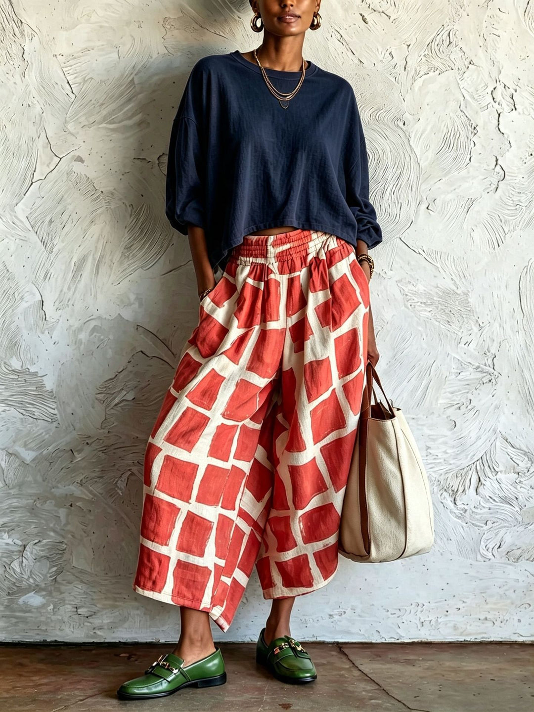 Damen Weite Culotte-Hose aus Leinenmix mit elastischem Bund und grafischem Print Shop Nory