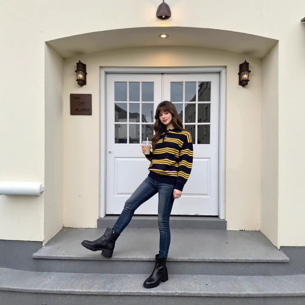 Damen Oversize Polokragen-Strickpullover mit mehrfarbigen Streifen und Rippbündchen Shop Nory