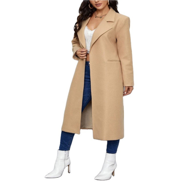 Damen Maxilanger Einreihiger Mantel im minimalistischen Tailoring mit verdeckter Knopfleiste und Eingrifftaschen Shop Nory