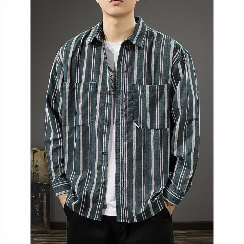 Herren Oversized Breitcord-Hemdjacke mit vertikaler Streifenstruktur und aufgesetzten Brusttaschen Shop Nory
