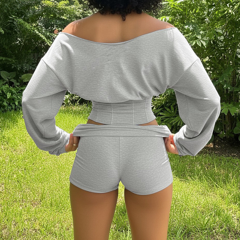 Damen nan asymmetrisches einschulteriges Lounge-Set mit tailliertem gerafftem Crop-Top und hochgeschnittenen Umschlag-Shorts Shop Nory