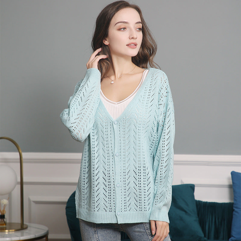 Damen Leichte Ajour-Strickjacke mit tiefem V-Ausschnitt und Knopfleiste Shop Nory