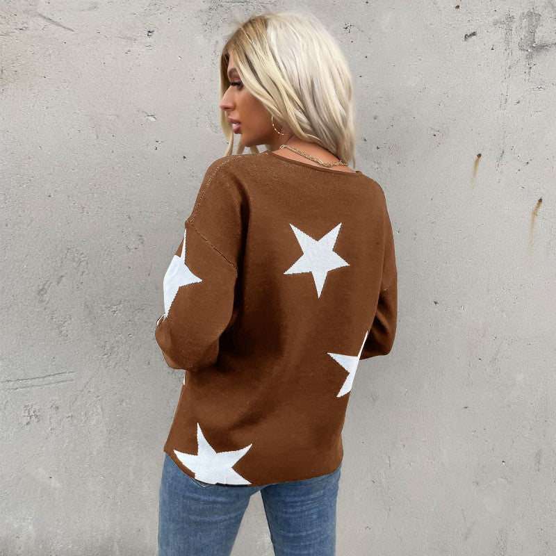 Damen Sternen-Feinstrickpullover mit V-Ausschnitt und lässiger Oversize-Passform Shop Nory