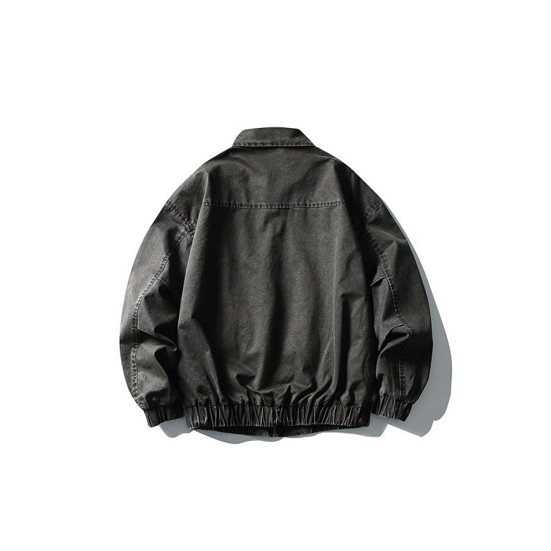Unisex Kurze kastige Denim-Blousonjacke mit Reißverschluss, Hemdkragen und elastischem Saum Shop Nory