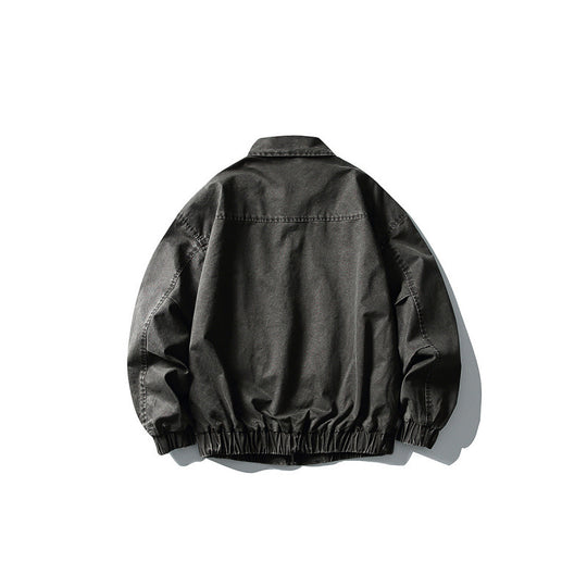 Unisex Kurze kastige Denim-Blousonjacke mit Reißverschluss, Hemdkragen und elastischem Saum Shop Nory