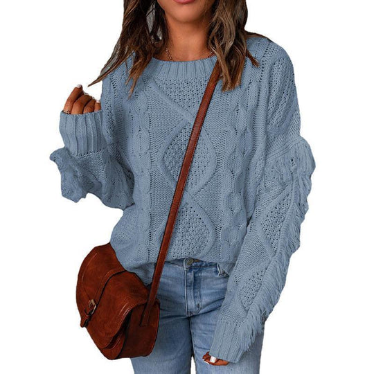 Damen Grobstrick-Pullover mit Zopfstruktur, fransigen Ärmeln und legerer Oversize-Passform Shop Nory