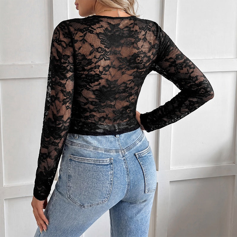 Damen Spitzen-Longsleeve Crop-Top mit V-Ausschnitt und Kordelbindung Shop Nory