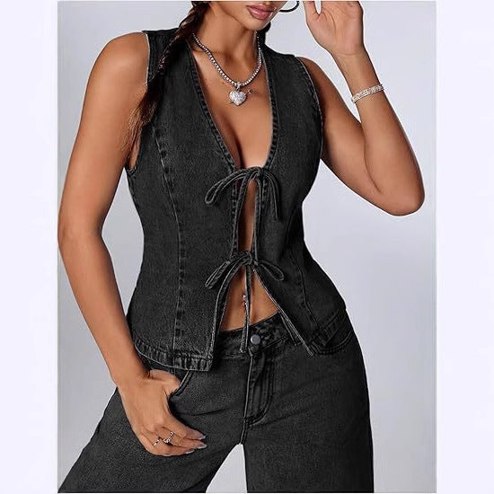 Damen Enganliegende Jeansweste mit V-Ausschnitt und Bindeschnürung Shop Nory