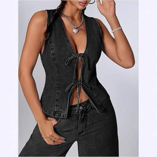 Damen Enganliegende Jeansweste mit V-Ausschnitt und Bindeschnürung Shop Nory
