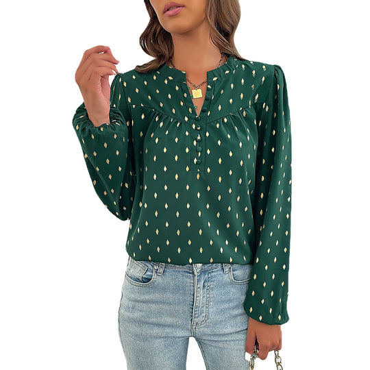 Damen Leichte Viskosebluse mit zartem Ikat‑Print, Stehkragen und dekorativer Knopfleiste Shop Nory