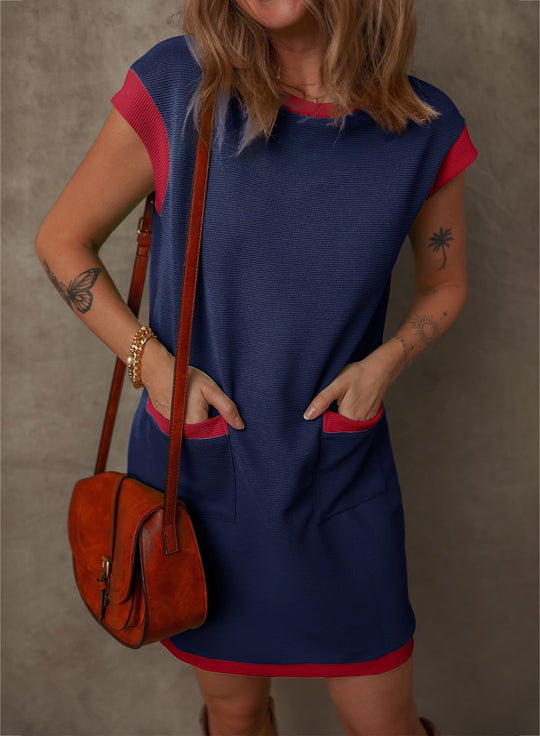 Damen Ärmelloses A-Linien-Shiftkleid mit Kontrastkanten, aufgesetzten Taschen und strukturierter Rippoptik Shop Nory