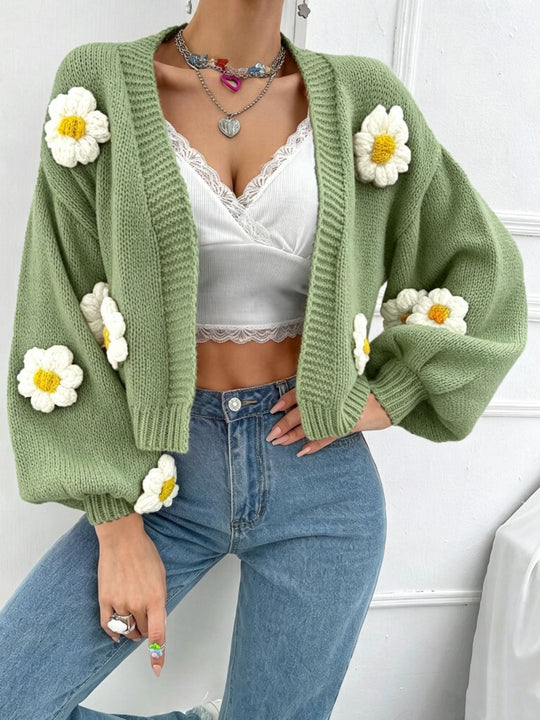 Damen Kurzgeschnittener Grobstrick-Cardigan mit 3D-Blütenapplikationen Shop Nory