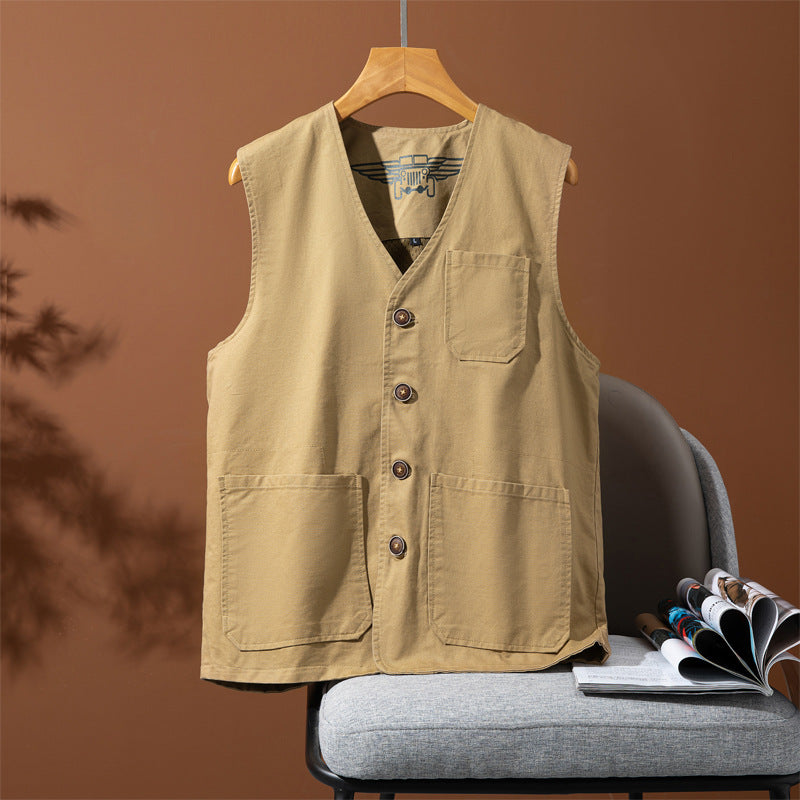 Herren Ärmellose Utility-Canvas-Weste mit V‑Ausschnitt, Knopfleiste und aufgesetzten Taschen Shop Nory