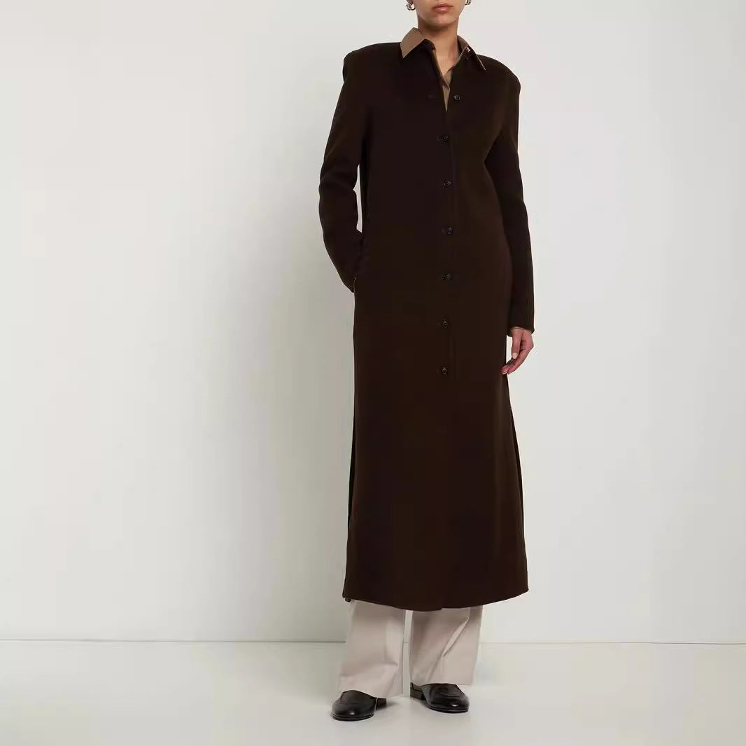 Damen Langer Minimalistischer Stehkragenmantel aus Wollmix mit verdeckter Knopfleiste Shop Nory