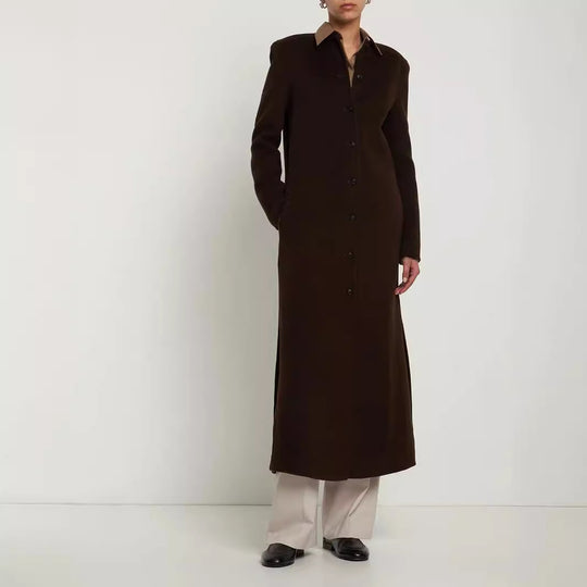 Damen Langer Minimalistischer Stehkragenmantel aus Wollmix mit verdeckter Knopfleiste Shop Nory