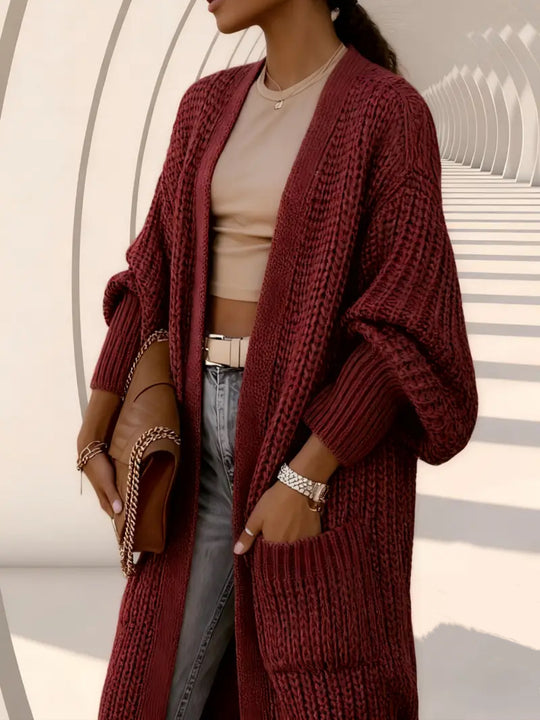 Damen Langer Offener Grobstrick-Mantelcardigan mit Flechtstruktur und überschnittener Schulter Shop Nory