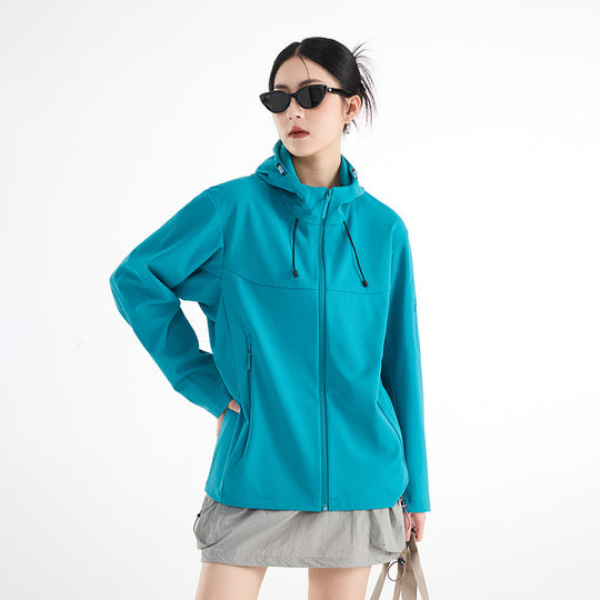 Damen Atmungsaktive Softshell-Regenjacke mit Kapuze, winddicht und minimalistischer Tech-Optik Shop Nory