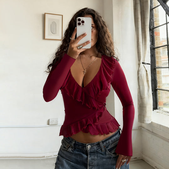 Damen Langarmshirt mit tiefem V-Ausschnitt, asymmetrischen Volants und tailliertem Peplum Shop Nory