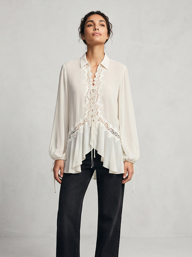 Damen Transparente Chiffonbluse mit Spitzenbesatz, Bindeband & asymmetrischem Volant-Saum Shop Nory