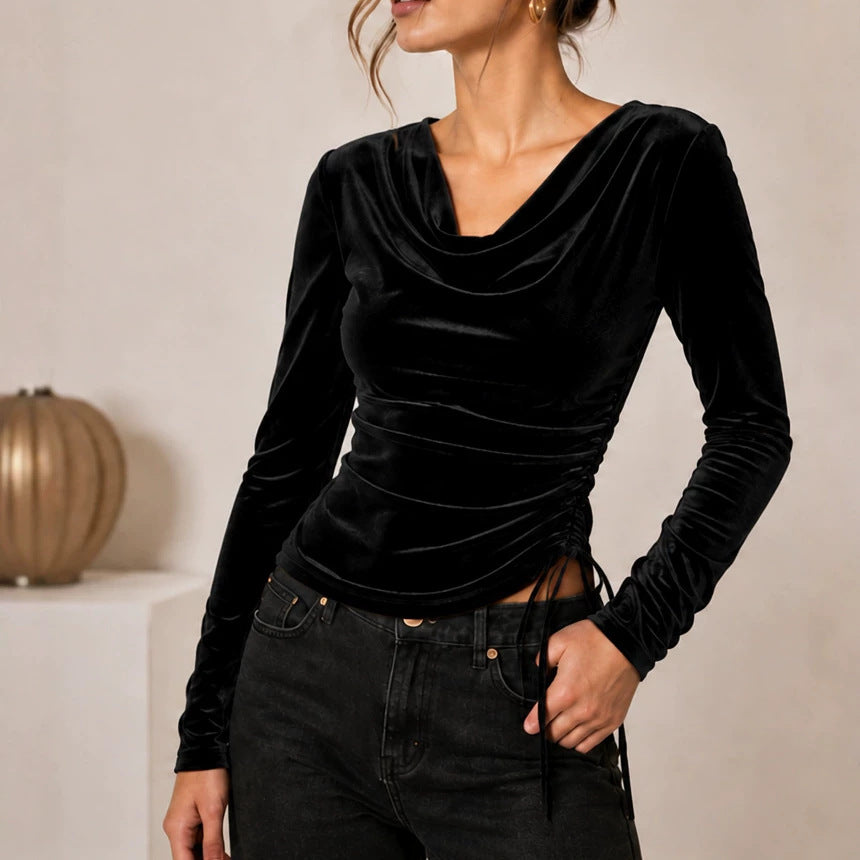 Damen Samtoberteil mit Wasserfallkragen, seitlicher Raffung und Schnürdetail Shop Nory