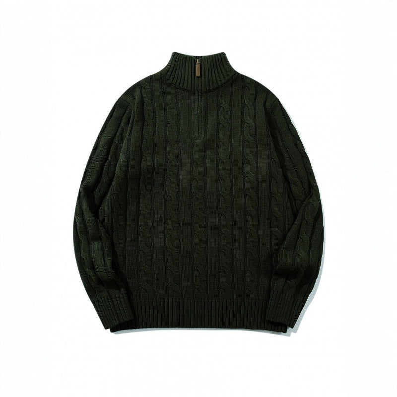 Unisex Grobgestrickter Halbreißverschluss-Zopfmuster-Pullover mit Stehkragen und gerippten Abschlüssen Shop Nory