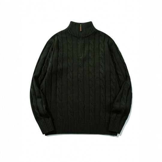 Unisex Grobgestrickter Halbreißverschluss-Zopfmuster-Pullover mit Stehkragen und gerippten Abschlüssen Shop Nory