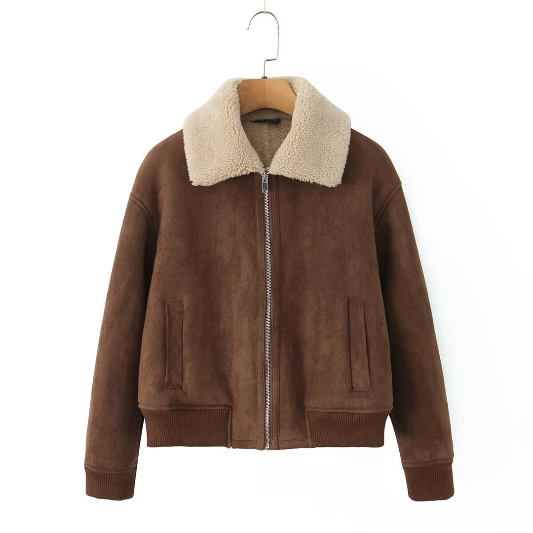 Damen Kurz geschnittene Teddy-gefütterte Wildlederoptik-Fliegerjacke mit Reißverschluss Shop Nory