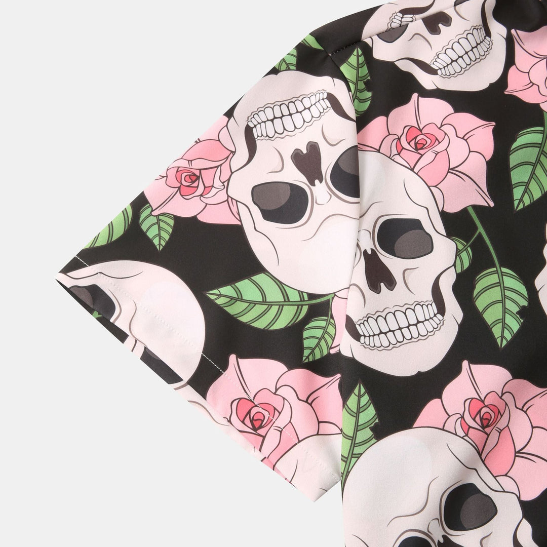 Herren Kurzarmhemd mit kreativem Totenkopf- und Blumenmuster 1757487585