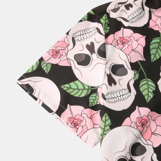 Herren Kurzarmhemd mit kreativem Totenkopf- und Blumenmuster 1757487585