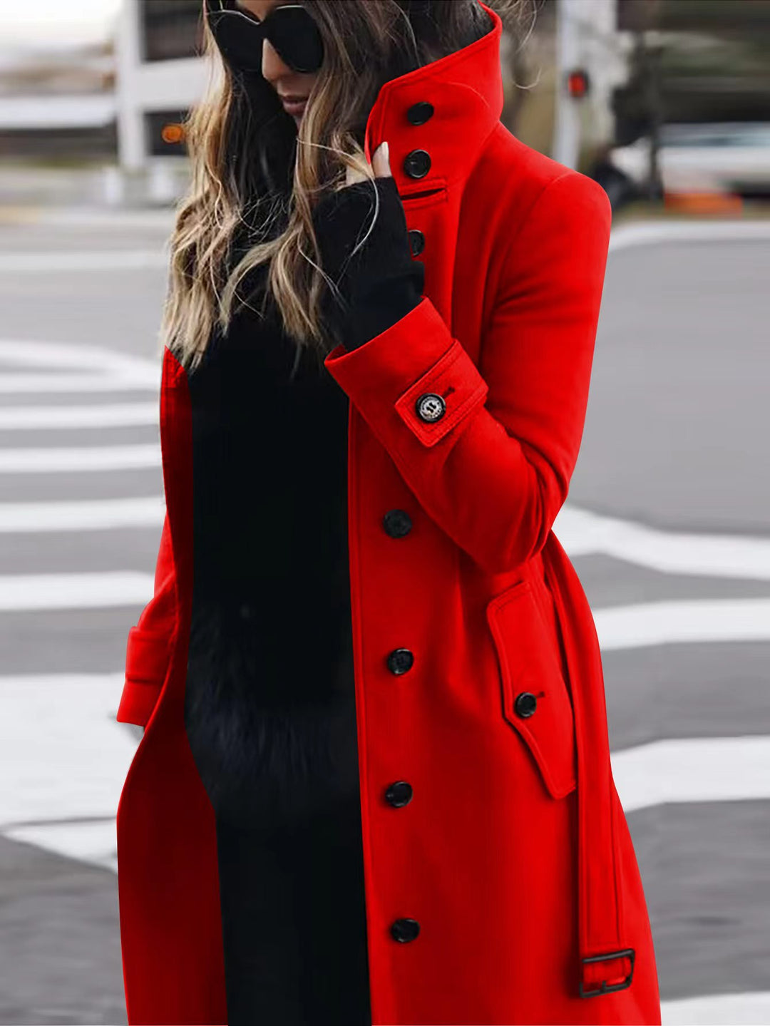 Damen Doppelreihiger Trenchcoat mit hohem Stehkragen, Taillengürtel und Manschetten-Detail Shop Nory
