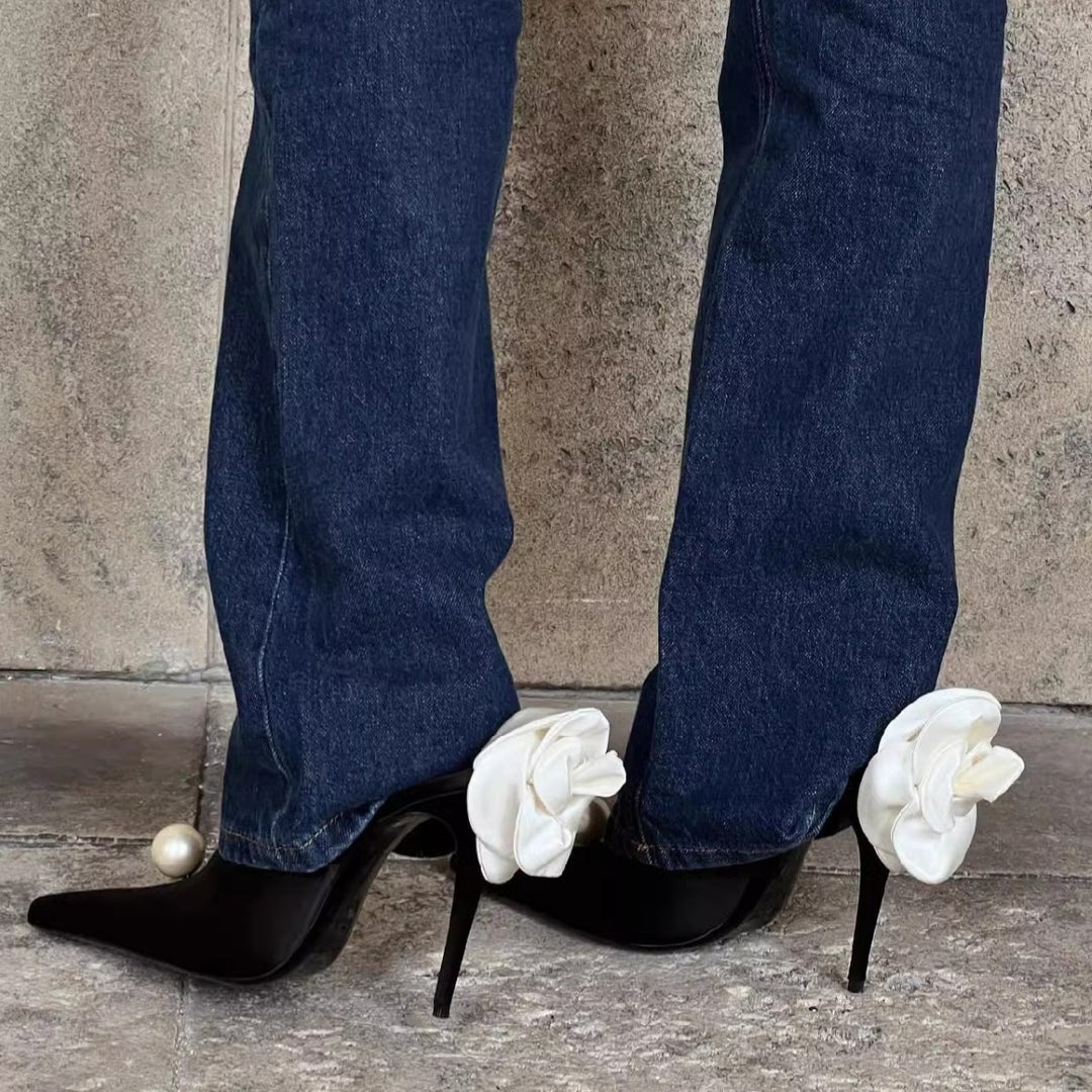 Damen spitze Satin-Flower Stiletto-Mules mit Perlenapplikation Shop Nory