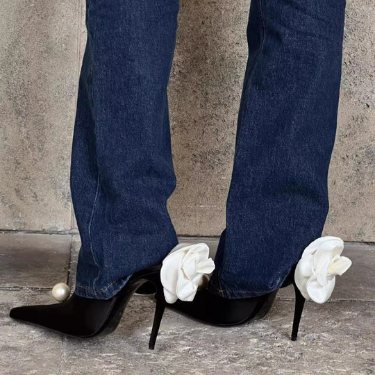 Damen spitze Satin-Flower Stiletto-Mules mit Perlenapplikation Shop Nory