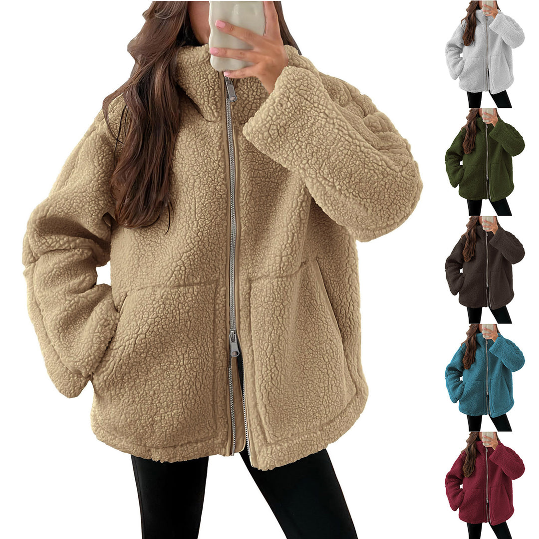 Damen nan oversized Teddyfelljacke mit Stehkragen Reißverschluss und aufgesetzten Taschen Shop Nory