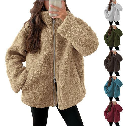 Damen nan oversized Teddyfelljacke mit Stehkragen Reißverschluss und aufgesetzten Taschen Shop Nory